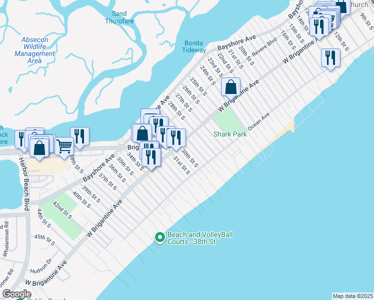 map of restaurants, bars, coffee shops, grocery stores, and more near 307 30th Street South in Brigantine