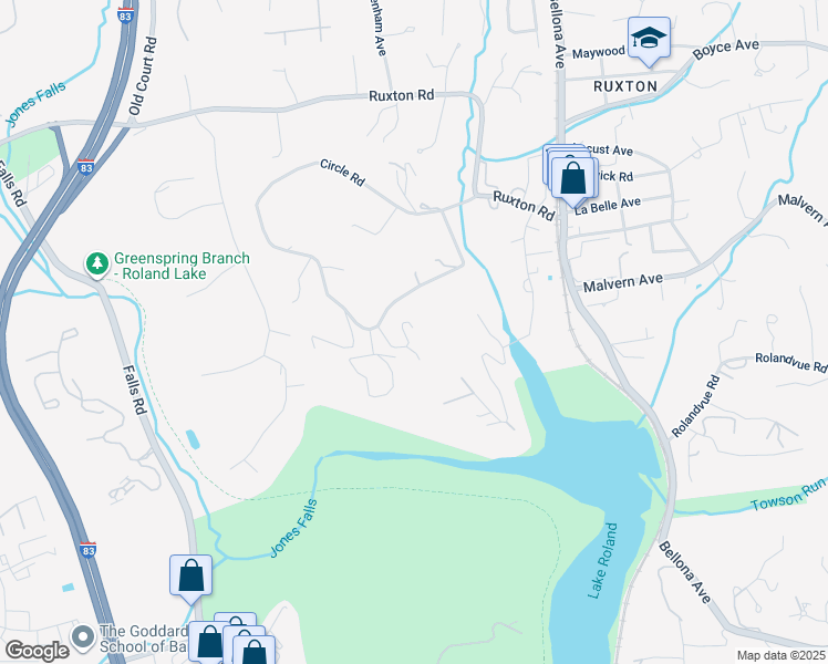 map of restaurants, bars, coffee shops, grocery stores, and more near 1848 Circle Road in Towson