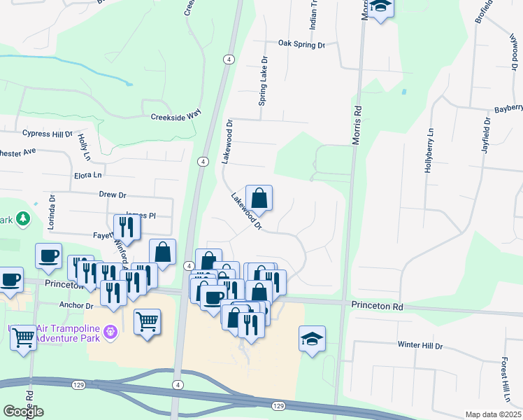 map of restaurants, bars, coffee shops, grocery stores, and more near 6398 Lakewood Drive in Hamilton
