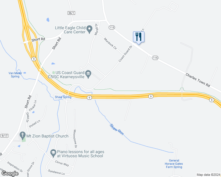 map of restaurants, bars, coffee shops, grocery stores, and more near Route 9 Bike Path in Kearneysville