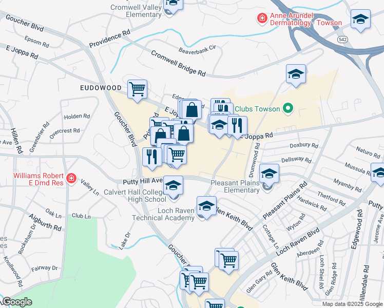 map of restaurants, bars, coffee shops, grocery stores, and more near 1238 Putty Hill Avenue in Towson