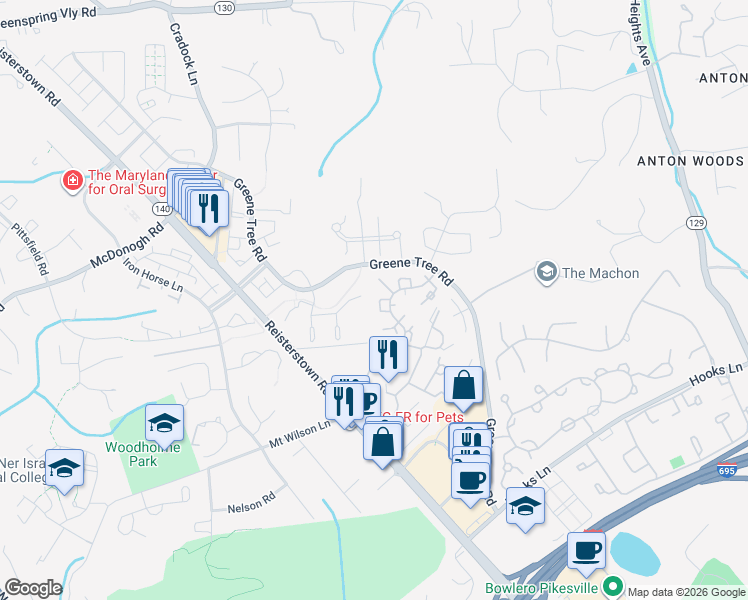 map of restaurants, bars, coffee shops, grocery stores, and more near 9107 Ruth Elder Lane in Pikesville