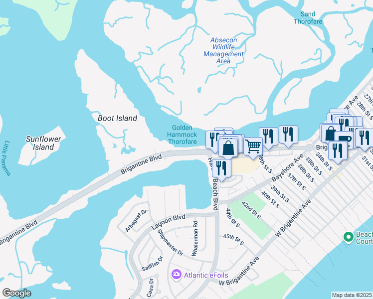 map of restaurants, bars, coffee shops, grocery stores, and more near 4121 Brigantine Boulevard in Brigantine