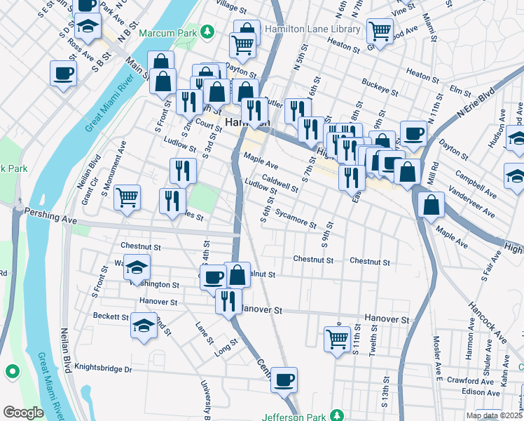 map of restaurants, bars, coffee shops, grocery stores, and more near 535 Sycamore Street in Hamilton