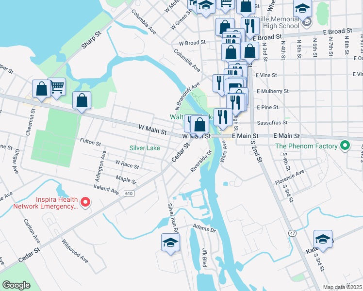 map of restaurants, bars, coffee shops, grocery stores, and more near 30 Cedar Street in Millville