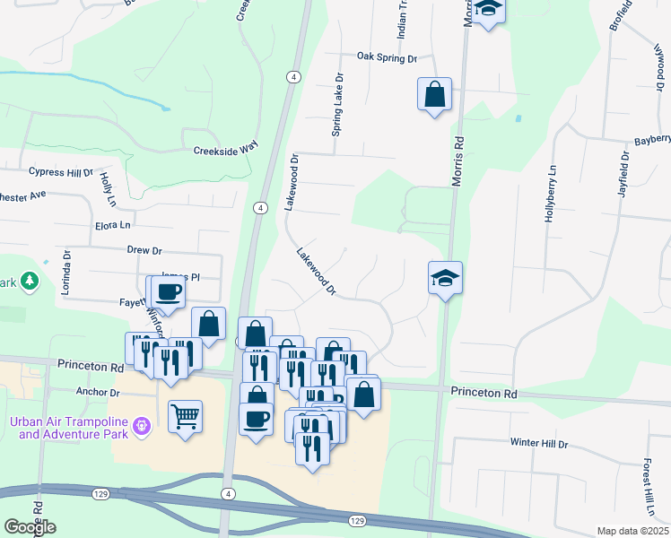 map of restaurants, bars, coffee shops, grocery stores, and more near 6398 Lakewood Drive in Hamilton