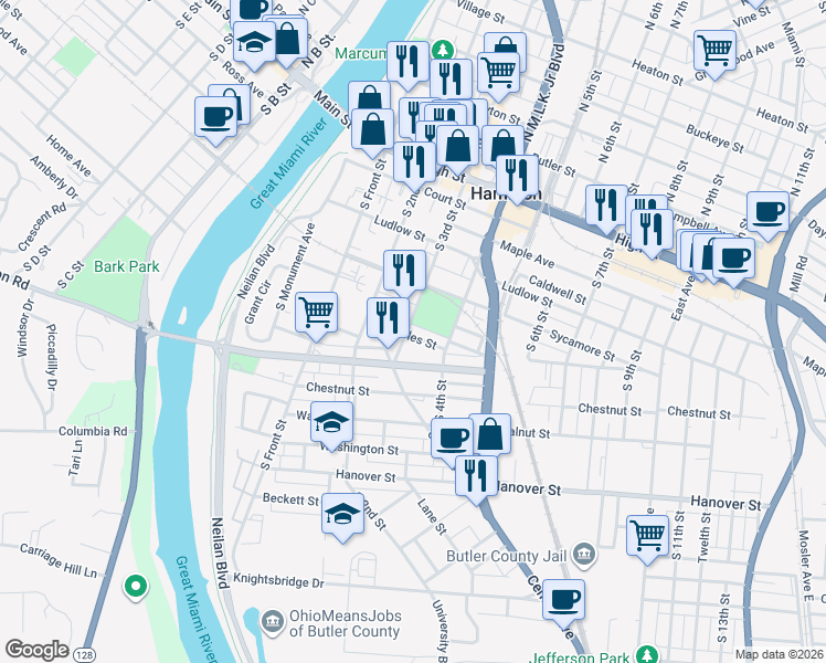 map of restaurants, bars, coffee shops, grocery stores, and more near 502 South 3rd Street in Hamilton