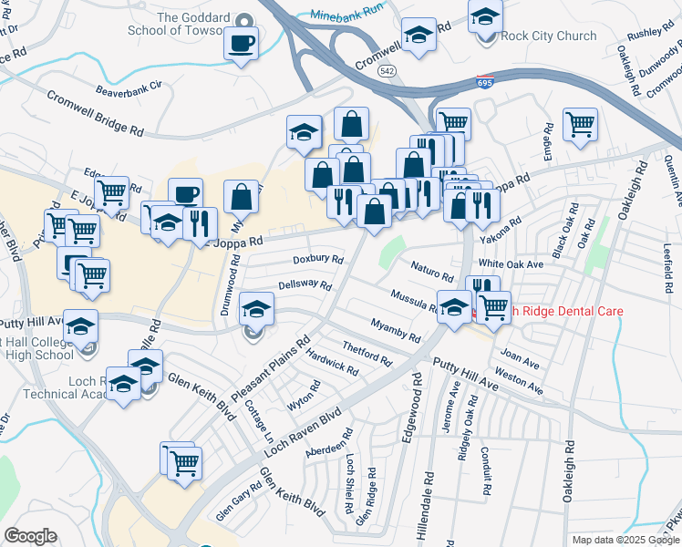 map of restaurants, bars, coffee shops, grocery stores, and more near 8536 Pleasant Plains Road in Towson