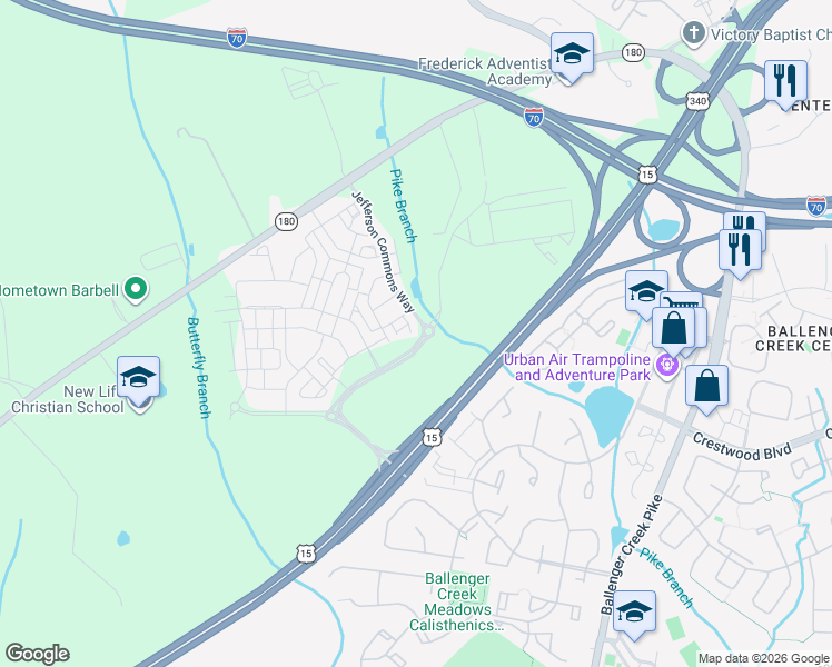 map of restaurants, bars, coffee shops, grocery stores, and more near 5900 Jefferson Commons Way in Frederick