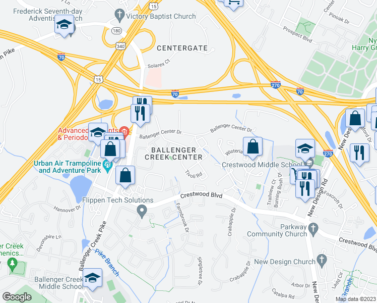map of restaurants, bars, coffee shops, grocery stores, and more near 601 Tivoli Road in Frederick
