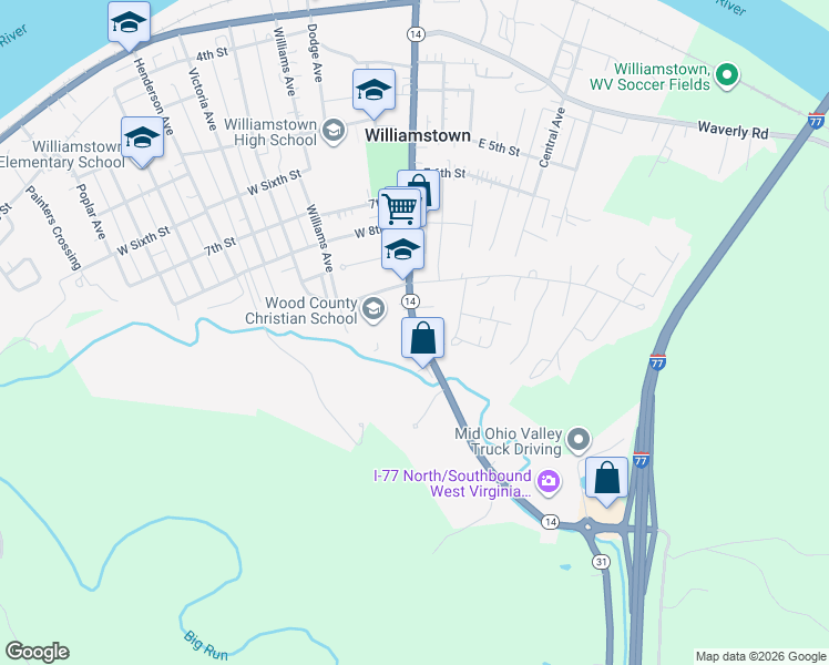map of restaurants, bars, coffee shops, grocery stores, and more near West Virginia 14 in Williamstown