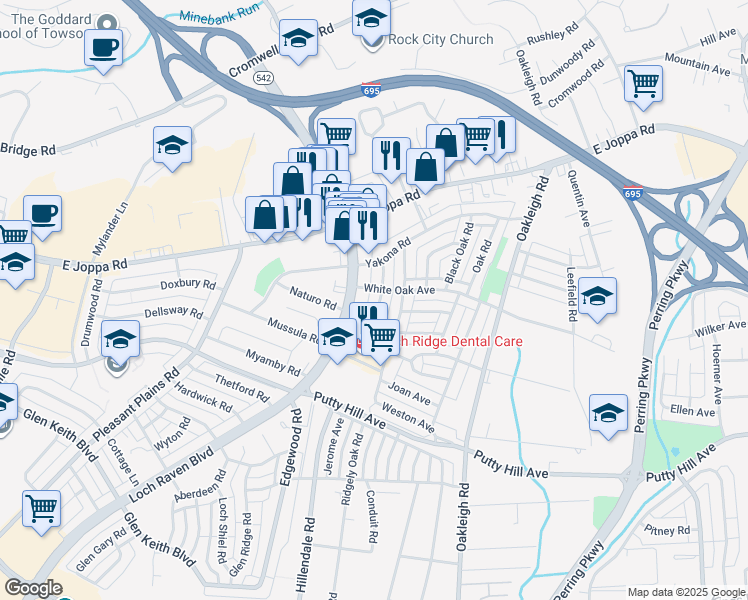 map of restaurants, bars, coffee shops, grocery stores, and more near 8532 Chestnut Oak Road in Parkville