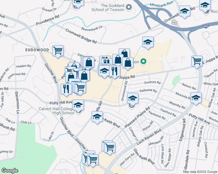 map of restaurants, bars, coffee shops, grocery stores, and more near 8600 Lasalle Road in Towson
