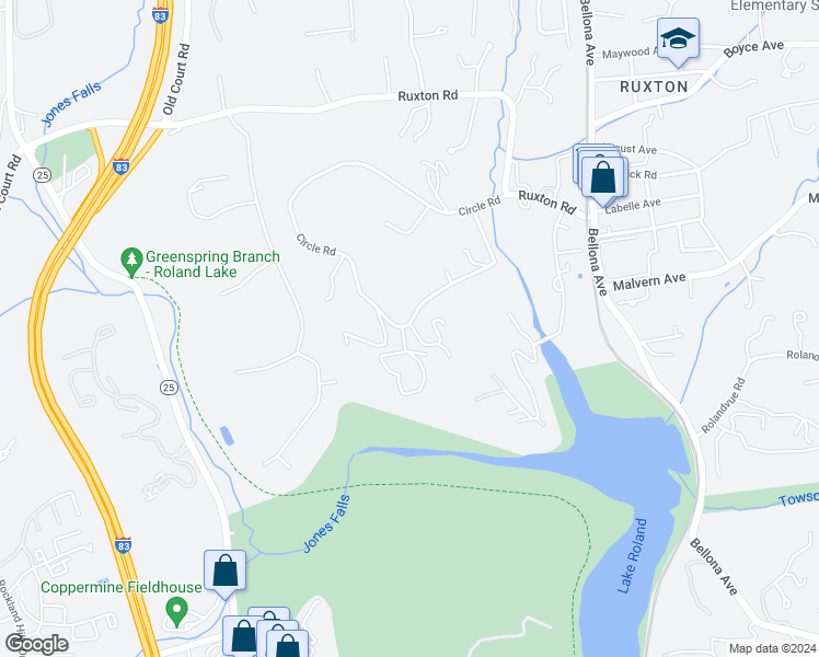 map of restaurants, bars, coffee shops, grocery stores, and more near 1848 Circle Road in Towson