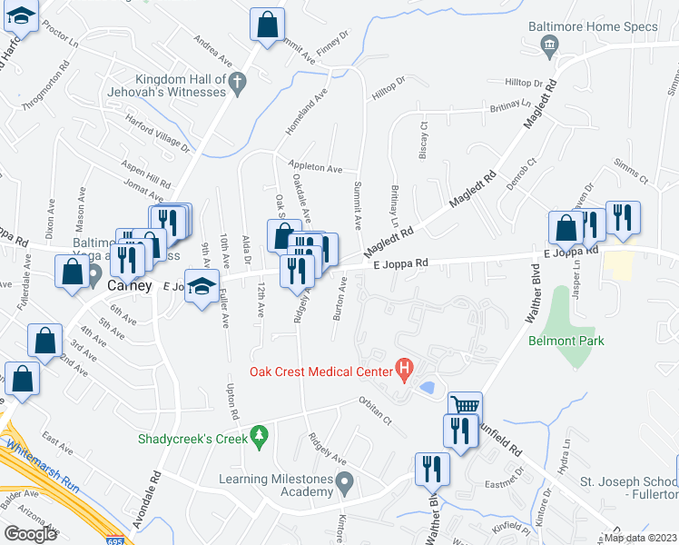map of restaurants, bars, coffee shops, grocery stores, and more near 3309 East Joppa Road in Parkville