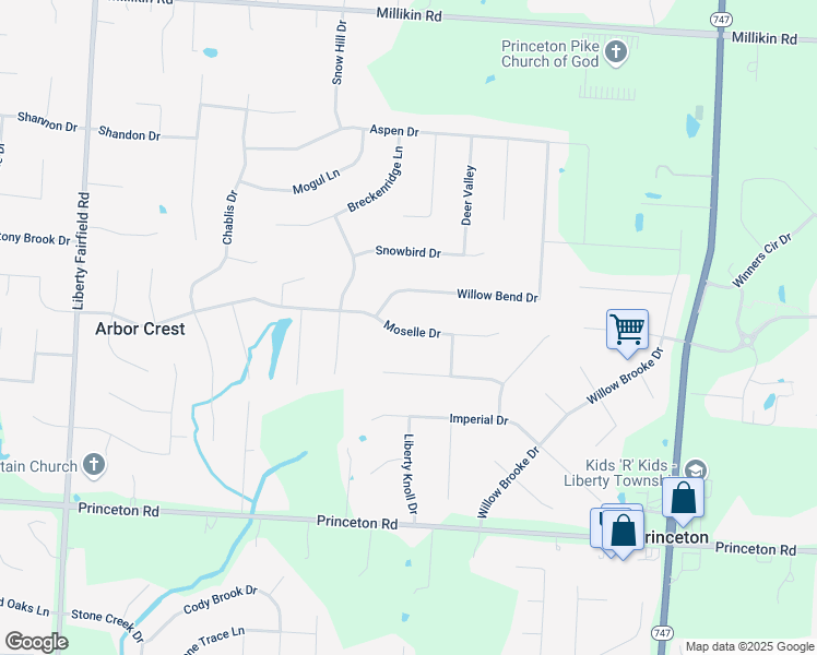 map of restaurants, bars, coffee shops, grocery stores, and more near 4653 Moselle Drive in Butler County