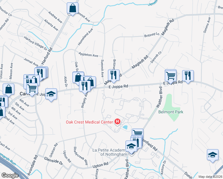 map of restaurants, bars, coffee shops, grocery stores, and more near 3321 East Joppa Road in Parkville