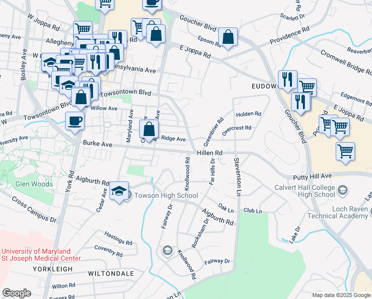 map of restaurants, bars, coffee shops, grocery stores, and more near 240 Burke Avenue in Towson