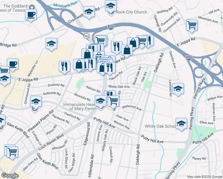 map of restaurants, bars, coffee shops, grocery stores, and more near 8532 Chestnut Oak Road in Parkville