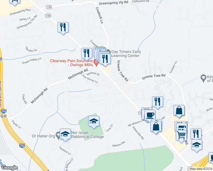 map of restaurants, bars, coffee shops, grocery stores, and more near 9010 Saracen Drive in Pikesville