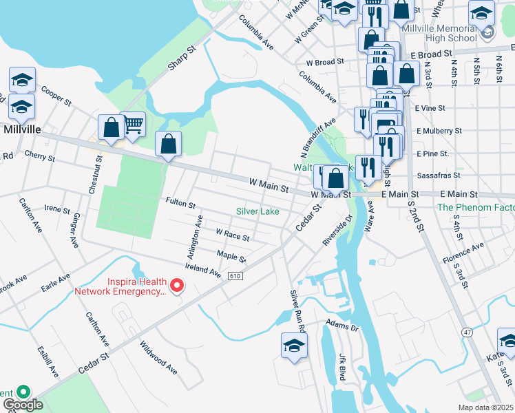 map of restaurants, bars, coffee shops, grocery stores, and more near 301 Howard Street in Millville