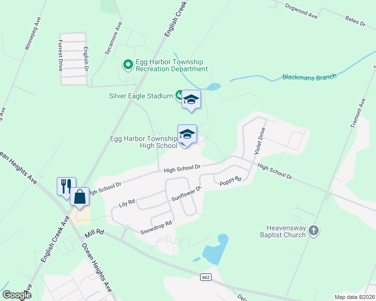 map of restaurants, bars, coffee shops, grocery stores, and more near 24 High School Drive in Egg Harbor Township