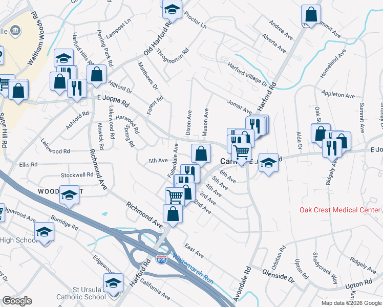 map of restaurants, bars, coffee shops, grocery stores, and more near 2812 5th Avenue in Parkville