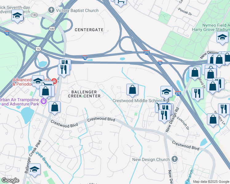 map of restaurants, bars, coffee shops, grocery stores, and more near 5775 Katsura Court in Frederick