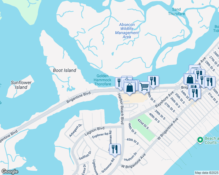 map of restaurants, bars, coffee shops, grocery stores, and more near 4121 Brigantine Boulevard in Brigantine