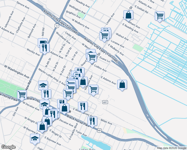 map of restaurants, bars, coffee shops, grocery stores, and more near 144 Madison Avenue in Pleasantville