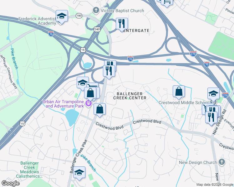 map of restaurants, bars, coffee shops, grocery stores, and more near 607 Windview Way in Frederick