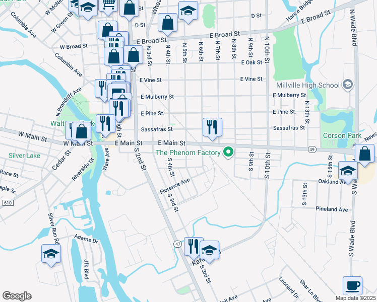map of restaurants, bars, coffee shops, grocery stores, and more near 17 South 5th Street in Millville