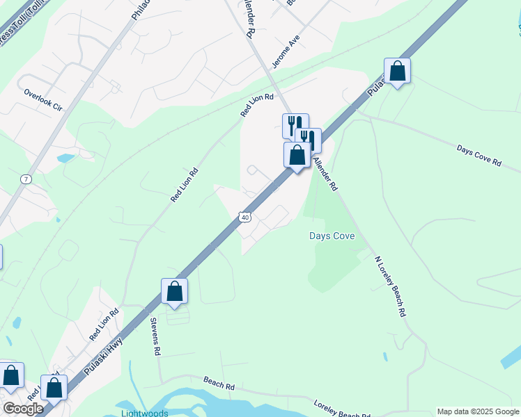 map of restaurants, bars, coffee shops, grocery stores, and more near 11345 Pulaski Highway in White Marsh