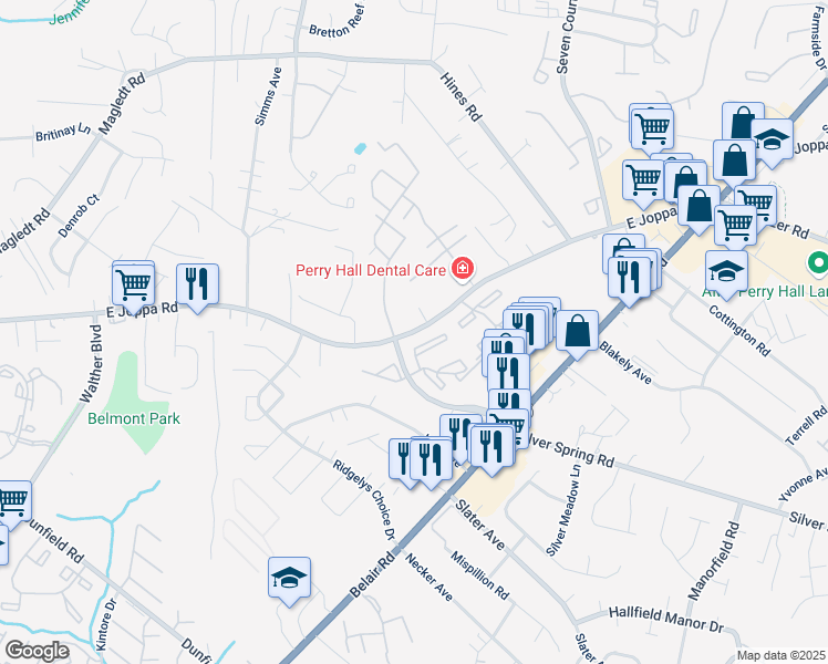 map of restaurants, bars, coffee shops, grocery stores, and more near 3831 E Joppa Rd in Perry Hall