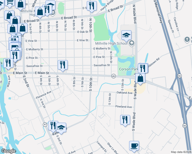 map of restaurants, bars, coffee shops, grocery stores, and more near 1011 East Main Street in Millville