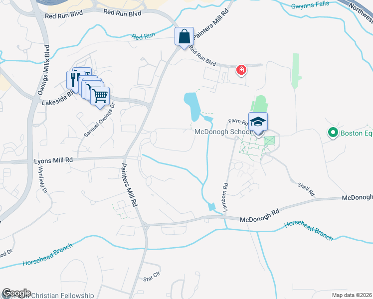 map of restaurants, bars, coffee shops, grocery stores, and more near 4525 Painters Mill Road in Owings Mills