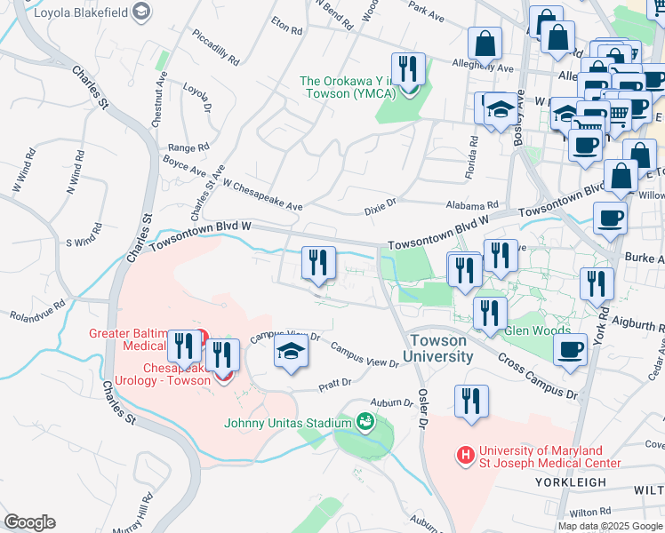 map of restaurants, bars, coffee shops, grocery stores, and more near 420 Towson Way in Towson