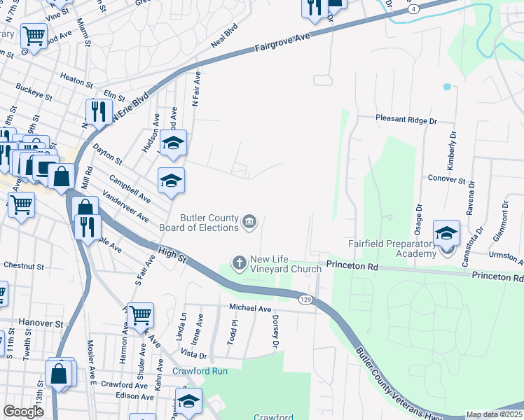 map of restaurants, bars, coffee shops, grocery stores, and more near 1800 Hamilton Princeton Road in Hamilton
