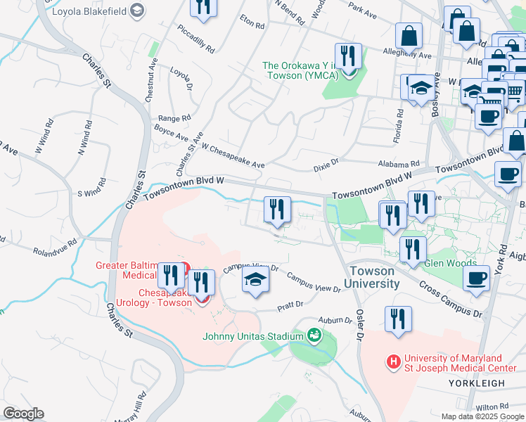 map of restaurants, bars, coffee shops, grocery stores, and more near 420 Towson Way in Towson