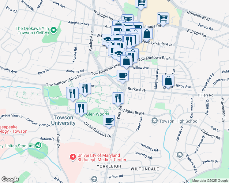 map of restaurants, bars, coffee shops, grocery stores, and more near 8000 York Road in Towson