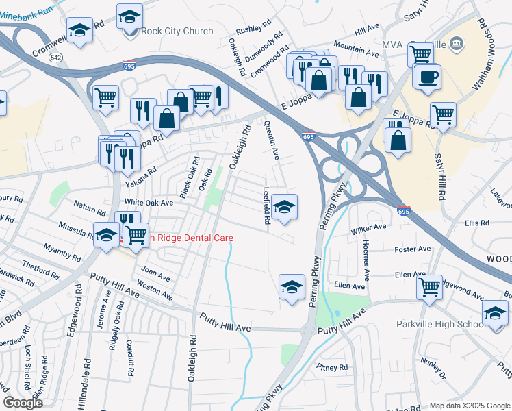 map of restaurants, bars, coffee shops, grocery stores, and more near 1837 Darrich Drive in Parkville