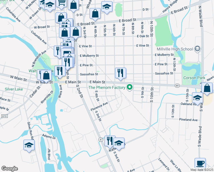 map of restaurants, bars, coffee shops, grocery stores, and more near 17 South 5th Street in Millville