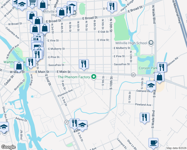map of restaurants, bars, coffee shops, grocery stores, and more near 11 South 8th Street in Millville