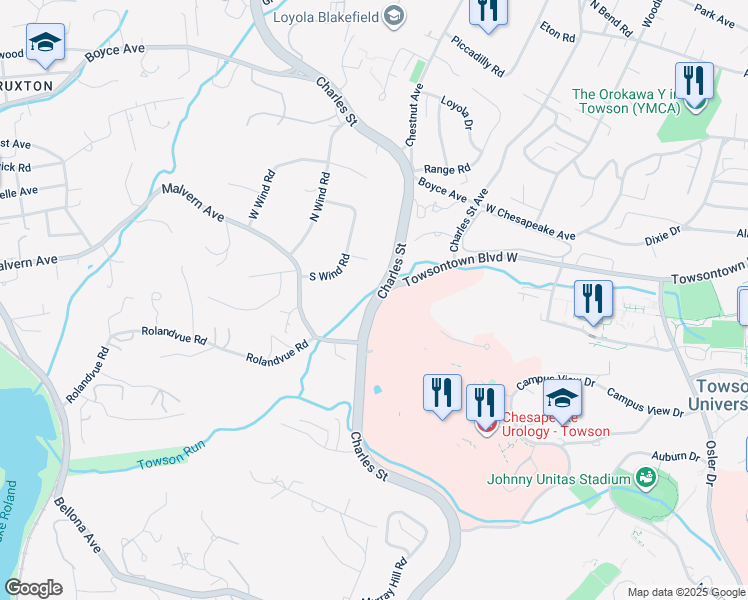 map of restaurants, bars, coffee shops, grocery stores, and more near North Charles Street in Towson
