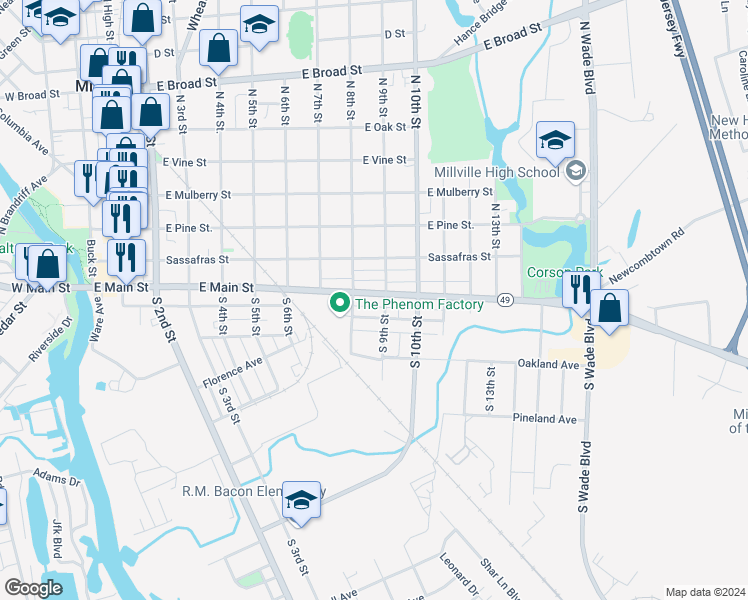 map of restaurants, bars, coffee shops, grocery stores, and more near 815 East Main Street in Millville