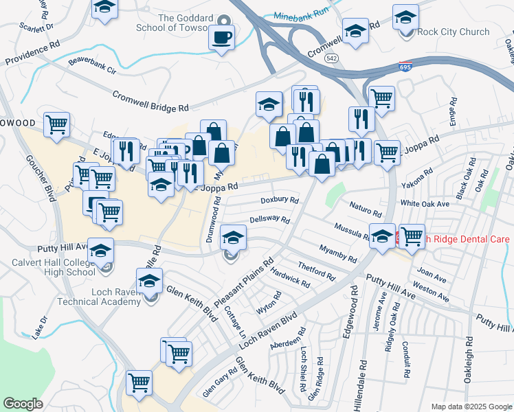 map of restaurants, bars, coffee shops, grocery stores, and more near 1541 Doxbury Road in Towson