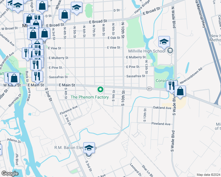 map of restaurants, bars, coffee shops, grocery stores, and more near 815 East Main Street in Millville