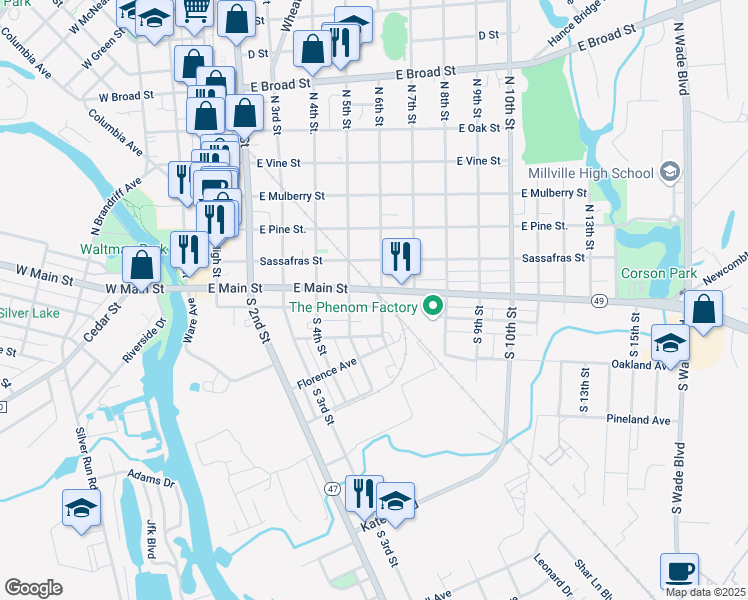 map of restaurants, bars, coffee shops, grocery stores, and more near 505 Smith Street in Millville