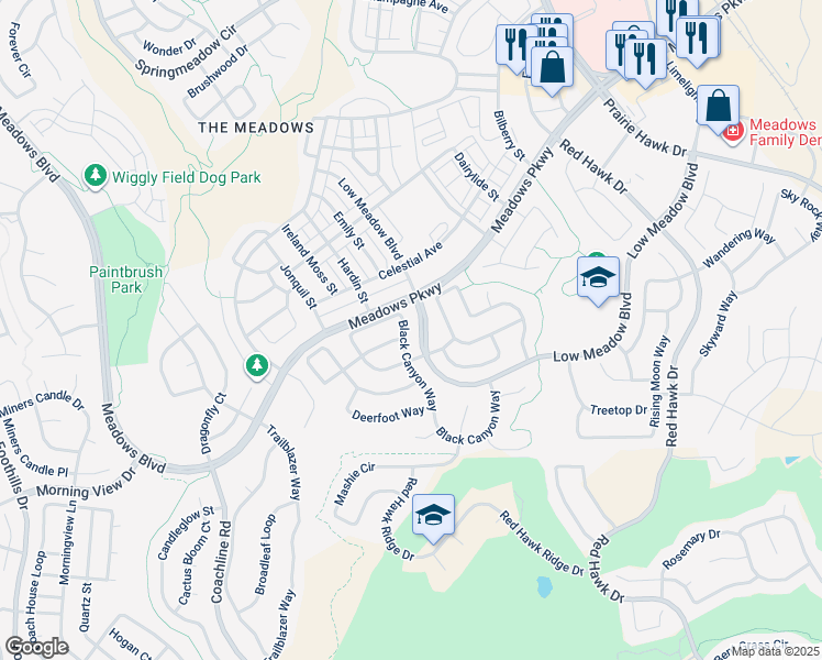 map of restaurants, bars, coffee shops, grocery stores, and more near 3057 Black Canyon Way in Castle Rock