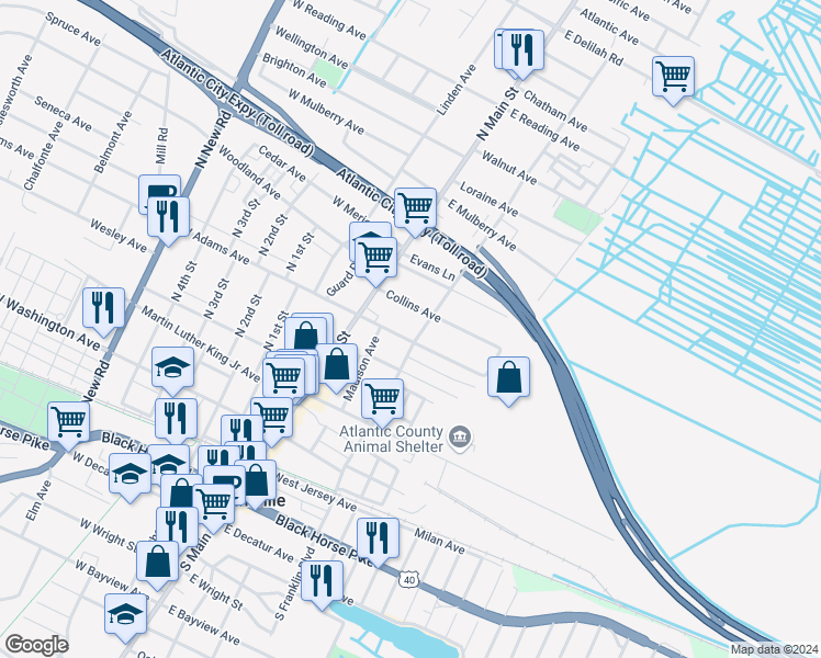 map of restaurants, bars, coffee shops, grocery stores, and more near 164 North Franklin Boulevard in Pleasantville